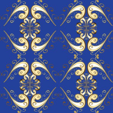 Kusursuz altın desenli bukleler. Hassas altın deseni açın. Güzel renklerde ve altın elementlerle kusursuz desen. Raster illüstrasyonu. Doğu tarzı arabesk. Parlak dantel, stilize çiçekler, şal desenli