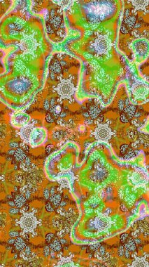 Yeşil ve kahverengi renkli etnik çiçekli zarif eskiz deseni. Raster Çiçek İllüstrasyon Şirin Tekstil.