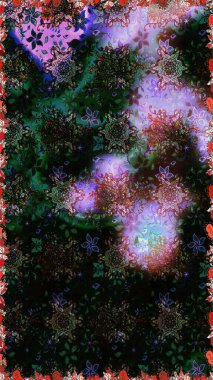 Siyah ve gri renkli Asya tekstili. Çiçeklerle suluboya desenli çiçek deseni. Raster illüstrasyonu.