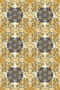 Çiçek süsüsüyle dikişli raster desenleri. Duvar kâğıdı için altın süslü bir illüstrasyon. Geleneksel Arap dekoru sarı, bej renkli. Doğu tarzında klasik tasarım öğesi. Süslü dantel iz sürücü