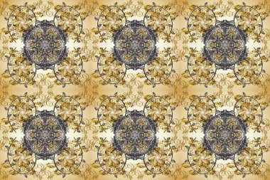 Çiçek süsüsüyle dikişli raster desenleri. Duvar kâğıdı için altın süslü bir illüstrasyon. Geleneksel Arap dekoru sarı, bej renkli. Doğu tarzında klasik tasarım öğesi. Süslü dantel iz sürücü