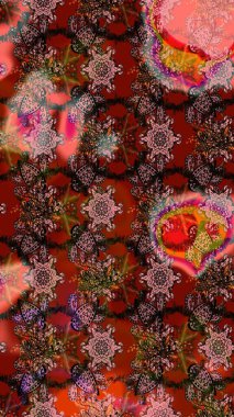 Üzerinde gelincikler ve vadi zambakları olan renkli çiçek desenli nakış deseni. Tekstil tasarımı için kırmızı ve kahverengi renkli geleneksel halk çiçekleri..