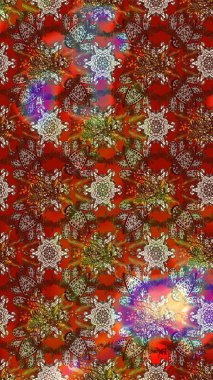 Kahverengi ve kırmızı kahverengi ve kırmızıya. El çizimi çiçek unsurları olan soyut çizim raster deseni. Çiçekli ipek eşarp. Retro tekstil tasarım koleksiyonu. 1950 'ler-1960' lar motifleri.