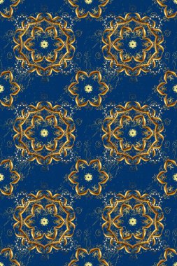 Klasik çiçek dokusu. Altın şablon. Mavi ve kahverengi renklerin kraliyet retro 'su. Raster illüstrasyonu. Kart, duvar kağıdı, ambalaj ve tekstil için klasik tasarım. Kusursuz desenli altın elementler.