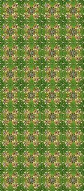 Raster altın tekstil baskısı. Kusursuz desenli oryantal süs. Çiçek kiremitleri. İslam tasarımı. Yeşil ve bej renklerde altın desenli altın elementler.