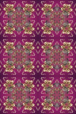 Raster altın pürüzsüz desen. Düz elle çizilmiş klasik koleksiyon. Arkaplan, kumaş, altın duvar kağıdı. Altın desenli mor, bej ve kahverengi altın elementli.