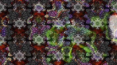 Raster illustration. Sketch flowers pattern. In asian textile style. Flowers on gray colors. Flat Flower Elements Design. Colour Spring Theme sketch pattern Background.