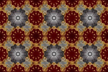 Altın element gri, kırmızı ve kahverengi renklerde. Damask arka planı tekrarlıyor. Antika altın tekrarlanabilir duvar kağıdı. Barok tarzında altın çiçek süsü..