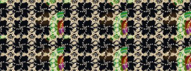 Renkli Bahar Teması eskiz kalıbı. Düz Çiçek Elementleri Tasarımı. Raster Modaya uygun kumaş deseni. Siyah renkli şirin çiçek deseni.