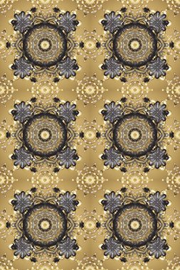 Kına dövmeli süs çiçekleri, altın çıkartmalar, mehndi ve yoga tasarımı, kartlar ve parmak izleri. Raster Golden Mehndi kusursuz desen. Bej, gri ve nötr renklerdeki desen.