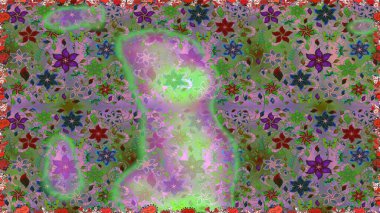 Üst manzara, yumuşak yeşil ve nötr renk tarzı. Sevgililer günü ve tebrik kartı konsepti için şık bir davetiye. Çiçek kompozisyonu, el boyası, hassas şablon. Manzaralı çiçek deseni.