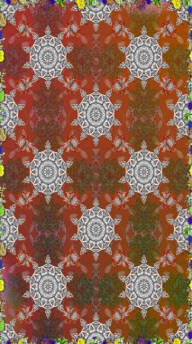 Çiçeksiz desenli nakış işlemeli gelincikler ve vadideki zambaklar. Tekstil tasarımı için kahverengi ve gri renkli geleneksel halk çiçekleri buketi.