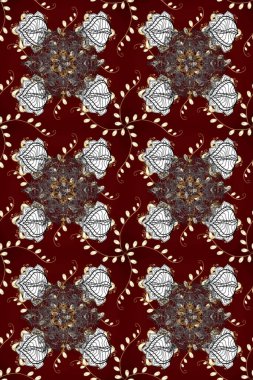 Senin tasarımın için, duvar kağıdı. Kahverengi, kırmızı ve gri renklerde, altın çiçekli altın desenler. Raster geometrik arka plan. Altın rengi kusursuz illüstrasyon.