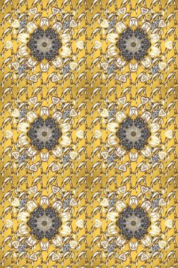 Damask arkaplanı tekerrür ediyor. Antika altın tekrarlanabilir duvar kağıdı. Barok tarzında altın çiçek süsü. Sarı, bej ve kahverengi renklerde altın element.