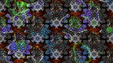 Eskiz geçmişi. Raster illüstrasyonu. Kumaş, tekstil, duvar kağıdı baskısı için. Eski usul. Renkli desenli eskiz deseni, siyah çiçekler ve dekoratif elementlerle.