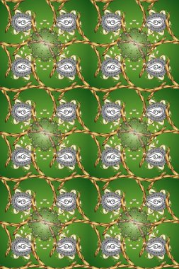 Seamless damask pattern background for wallpaper design in the style of Baroque. Ornate decoration. Golden pattern on green, gray and brown colors with golden elements.