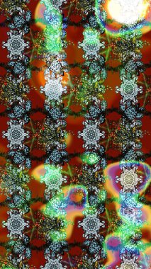 Halk tarzı. Moda baskıları için zarif bir şablon. Parlak renkli çiçekleri ve kahverengi, yeşil ve gri renkte yaprakları olan harika bir çiçek deseni. Modern çiçek arkaplanı.