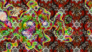 Çiçek desenli çizim. Asya tekstil tarzında. Raster illüstrasyonu. Kahverengi, kırmızı ve yeşil renkte çiçekler. Raster illüstrasyonu.