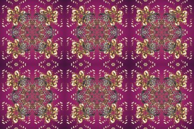 Arkaplan, kumaş, altın duvar kağıdı. Raster altın pürüzsüz desen. Altın desenli mor, bej ve kahverengi renkler ve altın elementler. Düz elle çizilmiş vintage koleksiyonu.