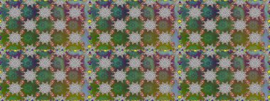Kusursuz bir geçmişi var. Kumaş, tekstil, duvar kağıdı baskısı için. Eski usul. Renkli desenli kusursuz desen, yeşil ve gri çiçekler ve dekoratif elementler. Raster illüstrasyonu.