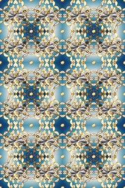 Sembol bayramı, yeni yıl kutlamaları, altın desenler. Mavi, bej ve nötr renklerde altın kar taneleri. Noel altın kar tanesi kusursuz desen. Kış kar dokusu duvar kağıdı.