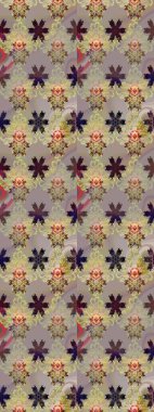 Raster illüstrasyonu. Eski usul. Renkli desenli eskiz deseni, gri ve bej çiçekler ve dekoratif elementler. Kumaş, tekstil, duvar kağıdı baskısı için. Taslak arkaplan.