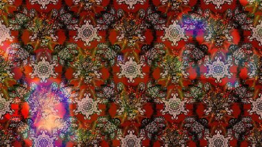 Küçük kahverengi, kırmızı bej ve çiçeklerle oldukça eski bir bez çanta deseni. Millefleur 'lar. Tekstil, kumaş, kapaklar, duvar kağıtları, baskı, paket, koleksiyon defteri, örgü, dekupaj için çiçek arkaplanı..