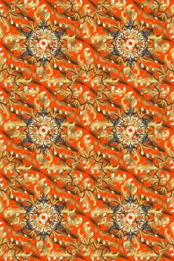 Raster oryantal süs. Altın desenli turuncu, kahverengi ve sarı renkli altın elementler. Geleneksel klasik altın desen. Barok tarzında kusursuz bir doğulu süsü..