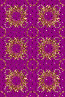 Altın desenli çiçek dekoru. Davetiyeler, kartlar, web sayfası için Raster illüstrasyon. Doğu tarzı element. Mor ve kahverengi renklerde altın element. Çizgi sanatı tasarım şablonu için sınırsız sınır.
