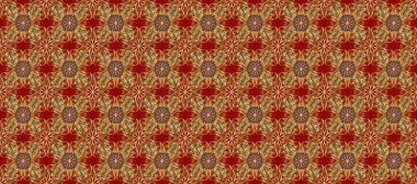 Altın antika ortaçağ dekoratifi, yaprakları ve bej, kırmızı ve kahverengi renklerde altın desenli süslemeleri olan dikişsiz bir şablon. Kusursuz kraliyet lüksü, altın barok kumaş rengi..