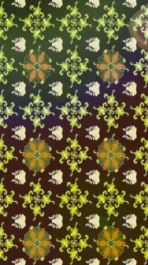 Raster deseni. Raster illüstrasyonu. Patlayan çiçekler soyut olarak yerleştirilmiş. Yeşil ve kahverengi renklerde bahar çiçekleri..