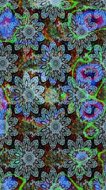 Şirin çiçekli, desenli, mavi ve yeşil renkli renkli bir eskiz. El çizimi çiçek çizimi deseni (fayans). Tekstil için suluboya çizim deseni.