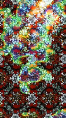 Raster Floral Illustration, Asyalı tekstil. Yeşil ve kahverengi renkli etnik çiçeklerle zarif eskiz deseni.