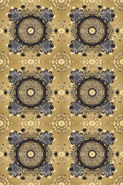 Kına dövmeli süs çiçekleri, altın çıkartmalar, mehndi ve yoga tasarımı, kartlar ve parmak izleri. Raster Golden Mehndi kusursuz desen. Bej, gri ve nötr renklerdeki desen.