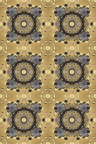 Kına dövmeli süs çiçekleri, altın çıkartmalar, mehndi ve yoga tasarımı, kartlar ve parmak izleri. Raster Golden Mehndi kusursuz desen. Bej, gri ve nötr renklerdeki desen.