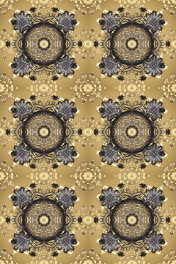 Kına dövmeli süs çiçekleri, altın çıkartmalar, mehndi ve yoga tasarımı, kartlar ve parmak izleri. Raster Golden Mehndi kusursuz desen. Bej, gri ve nötr renklerdeki desen.