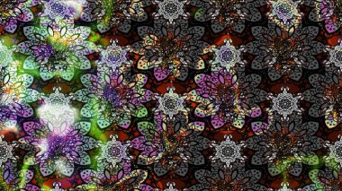 Exploding flowers abstractly placed. Raster illustration. Raster pattern. Gentle, spring floral on gray and black colors.