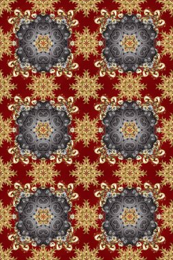 Raster illüstrasyonu. Kusursuz altın desenli bukleler. Altın elementli kırmızı, gri ve bej renkler. Doğu tarzı arabesk. Raster altın desen.