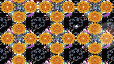 Raster Floral Illustration, Asyalı tekstil. Siyah ve sarı renklerde etnik çiçeklerle kusursuz bir desen..