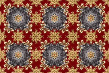 Raster illüstrasyonu. Altın elementli kırmızı, gri ve bej renkler. Doğu tarzı arabesk. Raster altın desen. Kusursuz altın desenli bukleler..