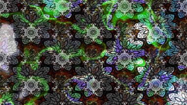 Raster illüstrasyonu. Gri ve siyah renklere karalamalar çizilmiş çiçek deseni.