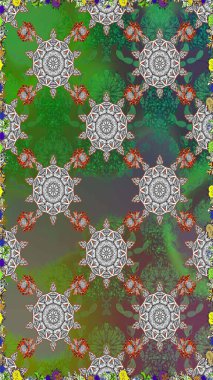 Raster illustration. Raster pattern. On green and gray colors. Cute Floral pattern in the small flower. Abstract flower seamless pattern background.