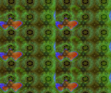 1950-1960 motifleri. Yeşil yeşile. El çizimi çiçek unsurları olan soyut çizim raster deseni. Çiçekli ipek eşarp. Retro tekstil tasarım koleksiyonu.