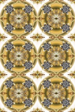 Doğum günü kartı, davetiye ya da afiş için iyidir. Kusursuz ortaçağ çiçek deseni. Dekoratif simetri arabesk. Raster illüstrasyonu. Tarafsız, bej ve kahverengi renklerde altın.