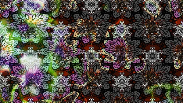 Exploding flowers abstractly placed. Raster illustration. Raster pattern. Gentle, spring floral on gray and black colors.