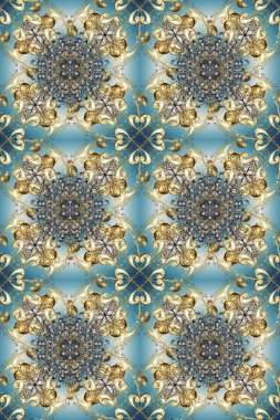 Düz elle çizilmiş klasik koleksiyon. Raster altın pürüzsüz desen. Altın desenli mavi, nötr ve gri renkte altın elementler. Arkaplan, kumaş, altın duvar kağıdı.