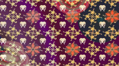 Çiçek desenli çizim. Raster illüstrasyonu. Mor ve kahverengi renkli Asya tekstili.