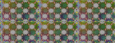 Kumaş, tekstil, duvar kağıdı baskısı için. Renkli desenli kusursuz desen, yeşil ve gri çiçekler ve dekoratif elementler. Raster illüstrasyonu. Kusursuz bir geçmişi var. Antika retro tarzı.