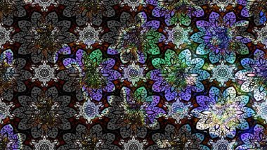 Çok renkli ve gri zarif küçük çiçekler ve siyah ve gri renkli komik böcekler, raster desen, illüstrasyon.