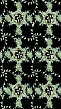 Raster illüstrasyonu. Raster illüstrasyonu. Siyah, nötr ve yeşil renkli çiçekler. Çiçek desenli çizim. Asya tekstil tarzında.